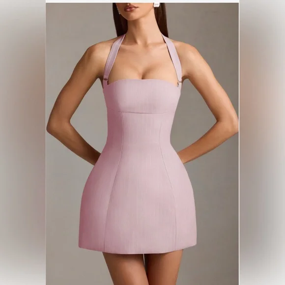 Pinstripe Halterneck Structured A-Line Mini Dress in Mauve - Picture 3 of 3